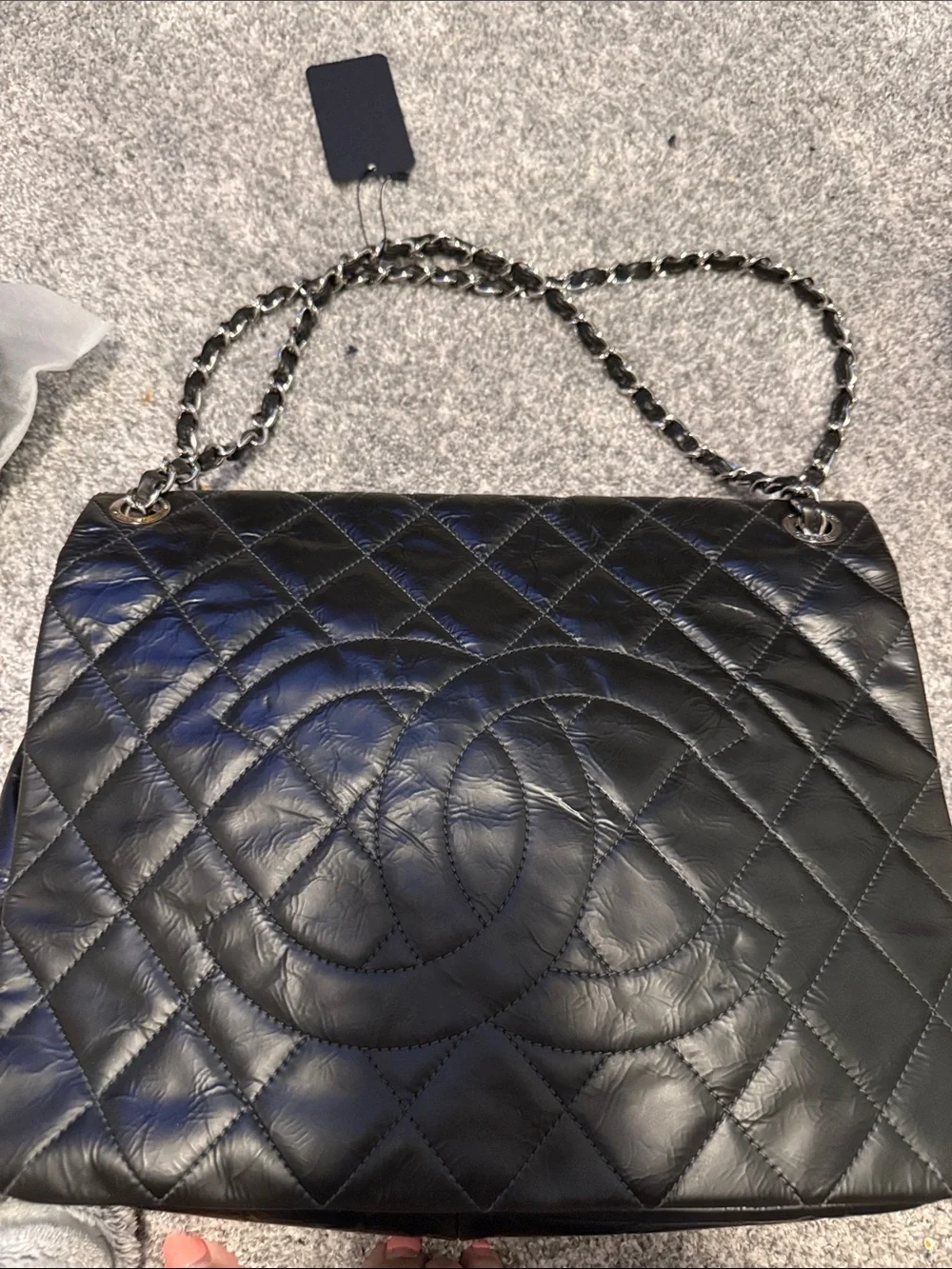 Black Quilted Leather Shoulder Bag with Chain Strap